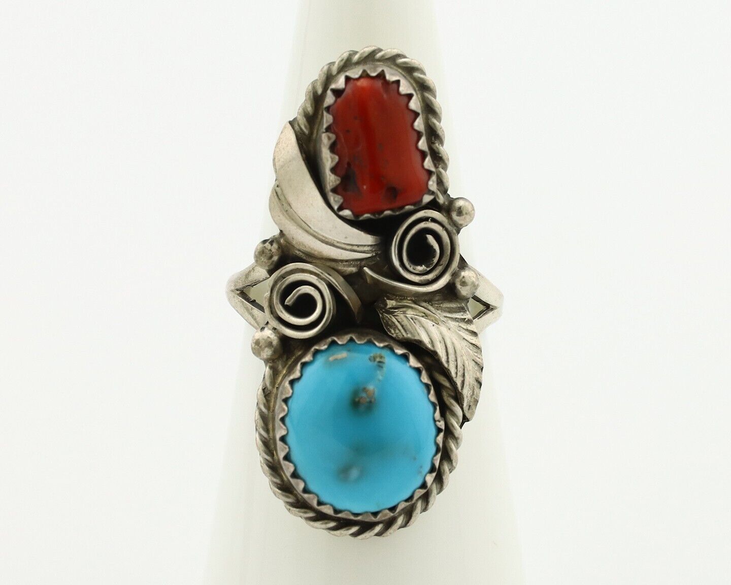 Navajo Ring 925 Silver Blue Turquiose & Coral Artist Signed Justin Morris C.80's