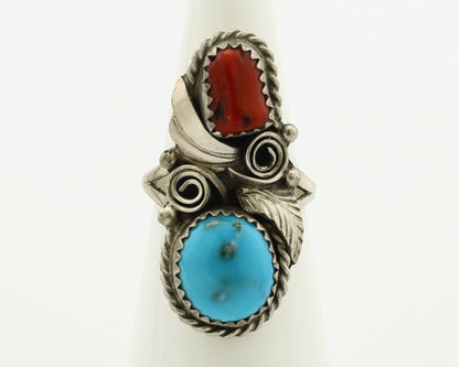 Navajo Ring 925 Silver Blue Turquiose & Coral Artist Signed Justin Morris C.80's