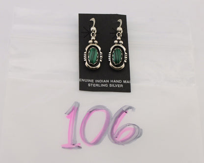 Navajo Dangle Earrings 925 Silver Natural Malachite Native American Artist C.80s