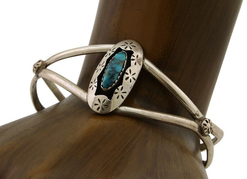 Navajo Hand Stamped Cuff Bracelet Turquoise 925 Silver Native American Artist