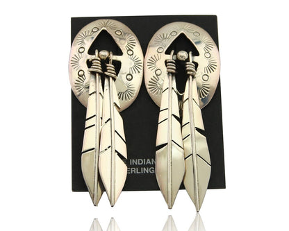 Navajo Feather Earrings 925 Silver Dangle Artist Signed DISHTA C.80's