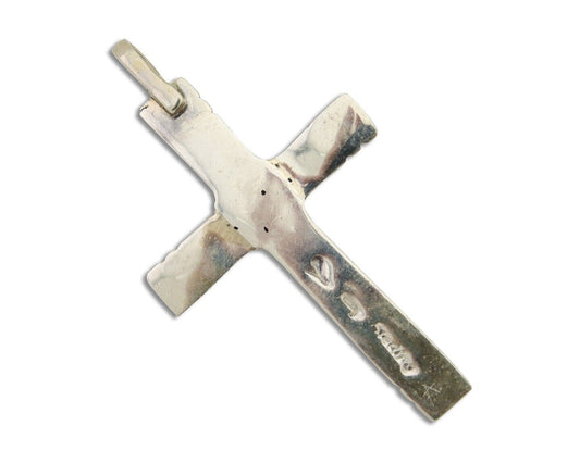 Navajo Sand Cast Cross Pendant 925 Silver Turquoise Artist Signed J Yazzie C.80s