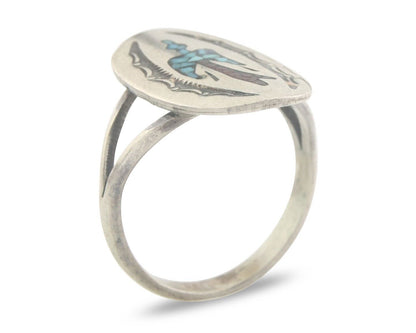 Navajo Ring 925 Sterling Natural Chip Inlay Coral & Turquoise C.80's Size 8.0