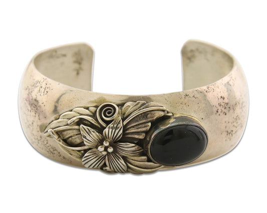 Navajo Bracelet 925 Silver Onyx Artist Signed Carol Felley & Lorenzo Secatero
