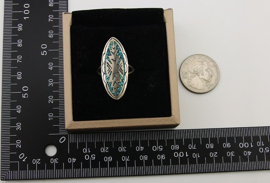 Navajo Ring 925 Silver Chip Inlay Turquoise Native Artist C.80's