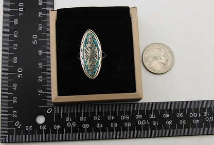 Navajo Ring 925 Silver Chip Inlay Turquoise Native Artist C.80's