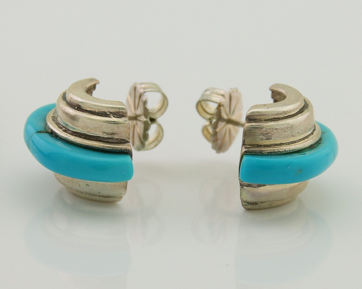 Navajo Half Hoop Earrings 925 Silver Natural Turquoise Artist Signed ShaRay C80s