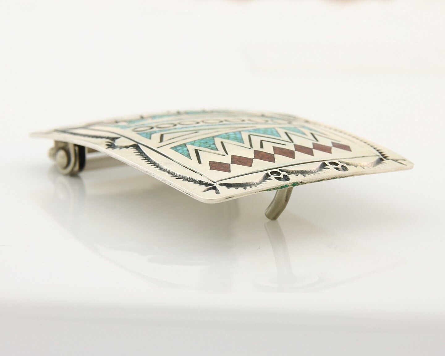 Navajo Belt Buckle 925 Sterling Silver Turquoise Coral Signed Stanley Bains C80s