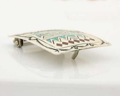 Navajo Belt Buckle 925 Sterling Silver Turquoise Coral Signed Stanley Bains C80s