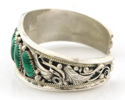 Navajo Cuff Bracelet Sterling Silver Natural Malachite Vintage Signed JM