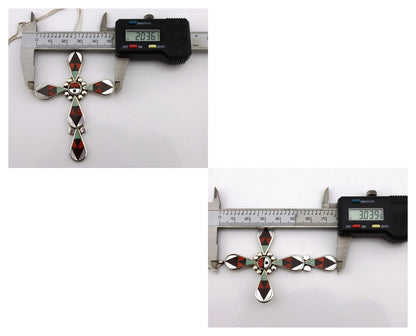 Zuni Cross Necklace 925 Silver Gemstone Artist Signed Zeno & Maryann Edaaki C80s