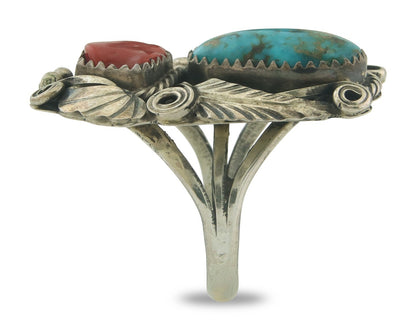 Navajo Ring 925 Sterling Natural Coral & Turquoise Signed JM C.80's Size 9.0