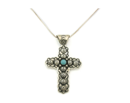 Navajo Cross Necklace Sterling Silver Natural Turquoise Artist Signed 1994