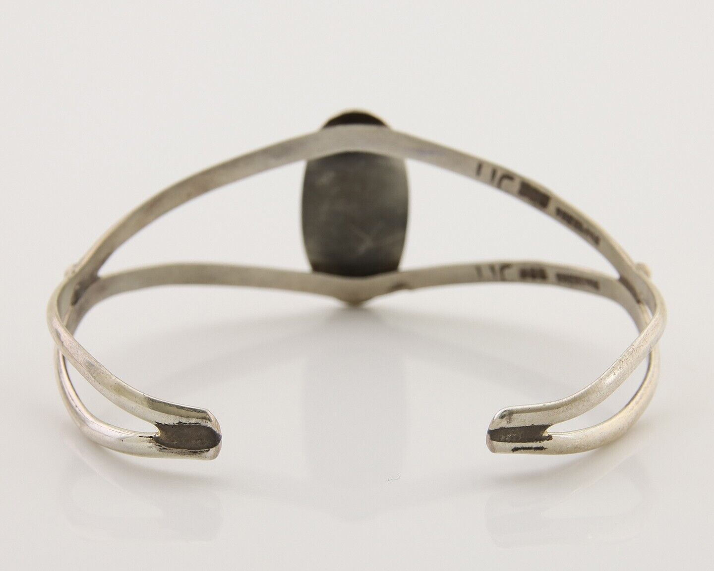 Navajo Hand Stamped Cuff Bracelet Malachite 925 Silver Artist Signed IJC C.80's