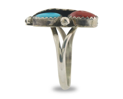 Navajo Ring 925 Sterling Natural Coral & Turquoise Signed BB C.80's Size 7.0