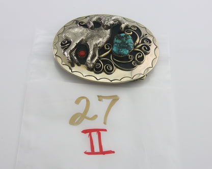 Navajo Belt Buckle .999 Nickel Buffalo Gemstone Signed 2.5 x 3.0 in C.80's