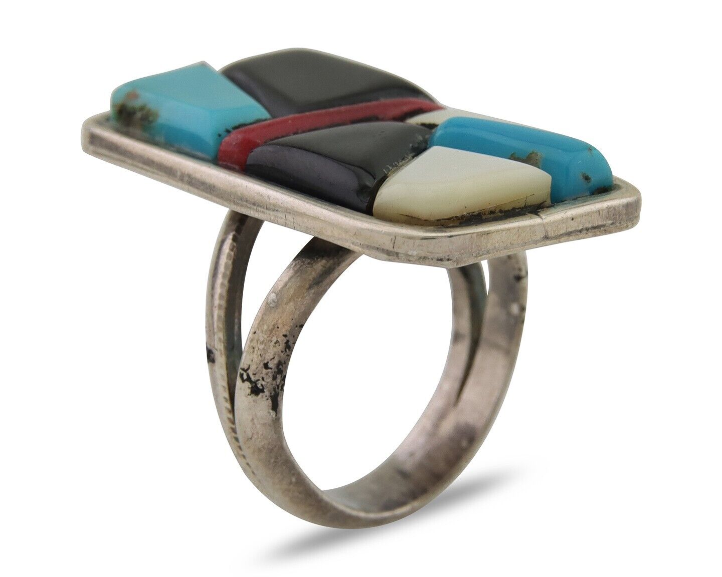 Navajo Ring 925 Silver Inlaid Natural Gemstone Signed WP Size 5.25