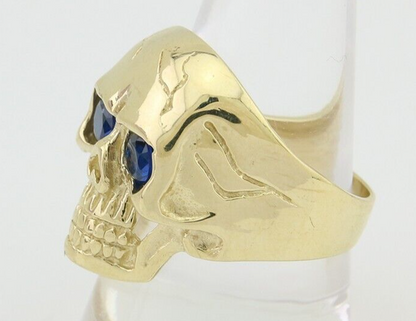 Men 14k SOLID Gold Skull Ring Silica Blue Sapphire Eyes Size 11