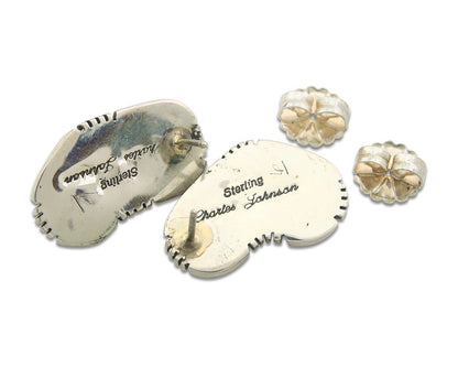 Navajo Earrings 925 Silver Natural Coral Artist Signed Charles Johnson C.80's