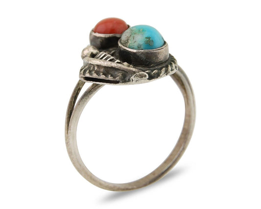 Navajo Handmade Ring 925 Silver Coral & Turquoise Native Artist C.80's