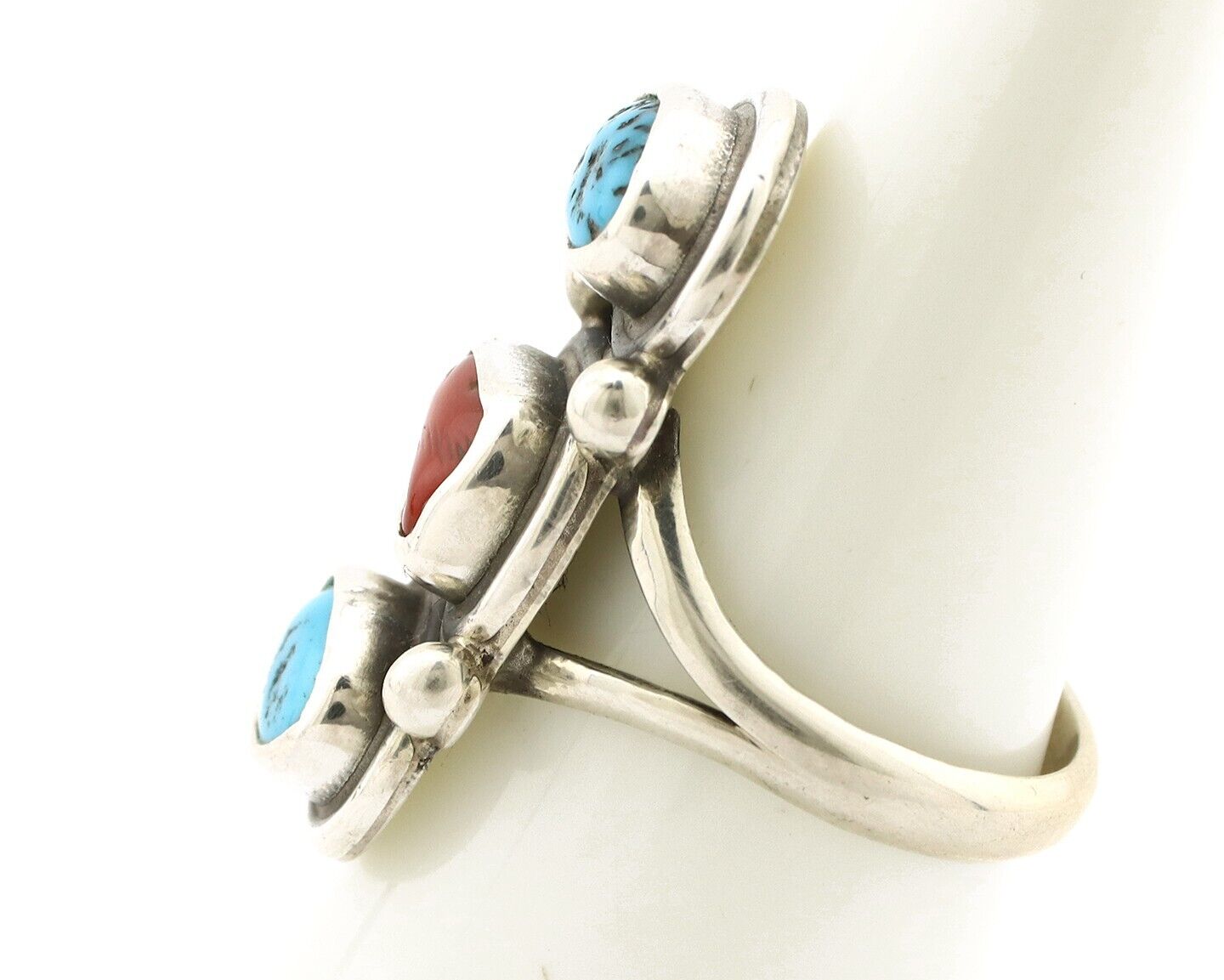 Navajo Ring 925 Silver Sleeping B Turquoise & Coral Native American Artist C.80s