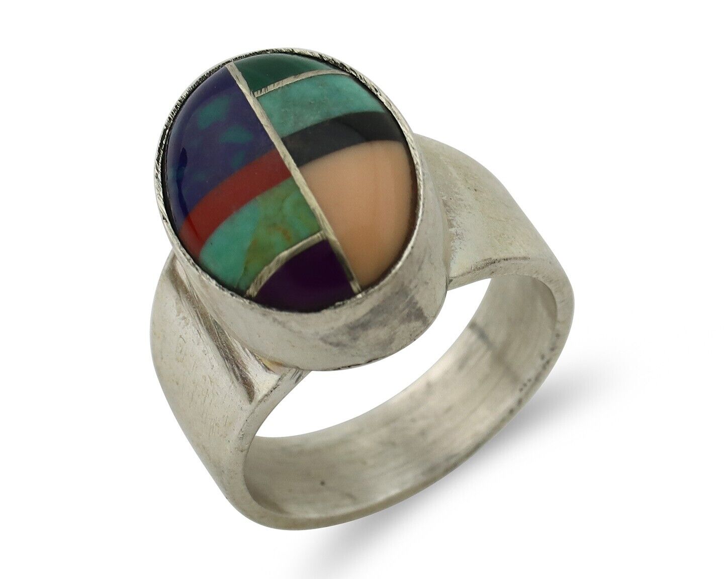 Zuni Inlaid Ring 925 Silver Mixed Natural Gemstones Native American Artist C.80s