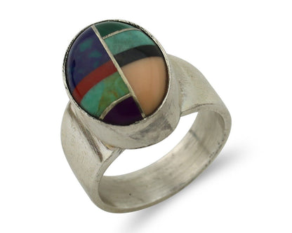 Zuni Inlaid Ring 925 Silver Mixed Natural Gemstones Native American Artist C.80s