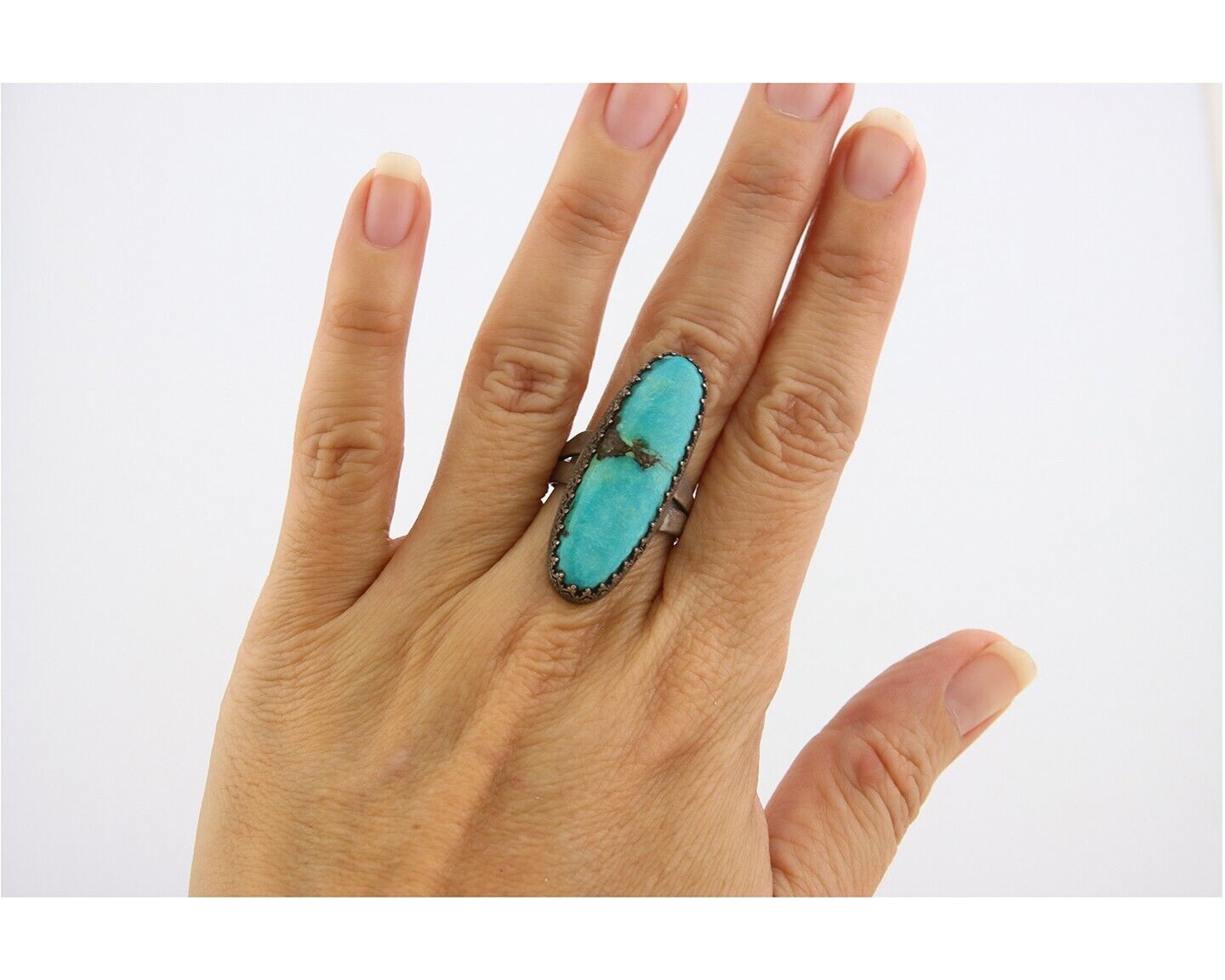 Navajo Ring 925 Sterling Natural Blue Turquoise Native Artist C.80's Size 7.25