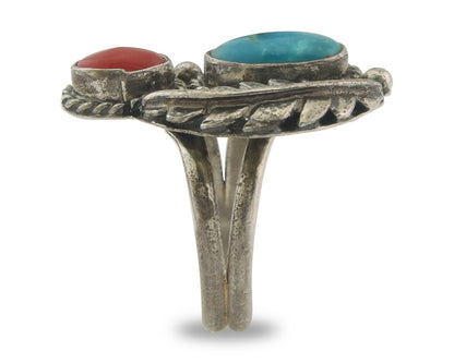 Navajo Ring 925 Sterling Natural Coral & Turquoise Signed EH C.80's Size 7.0