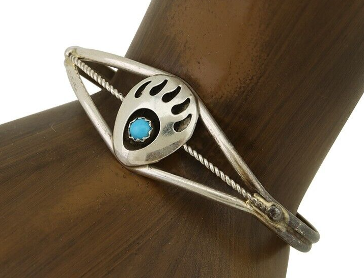 Navajo Paw Bracelet 925 Silver Blue Turquoise Native American Artist C.80's