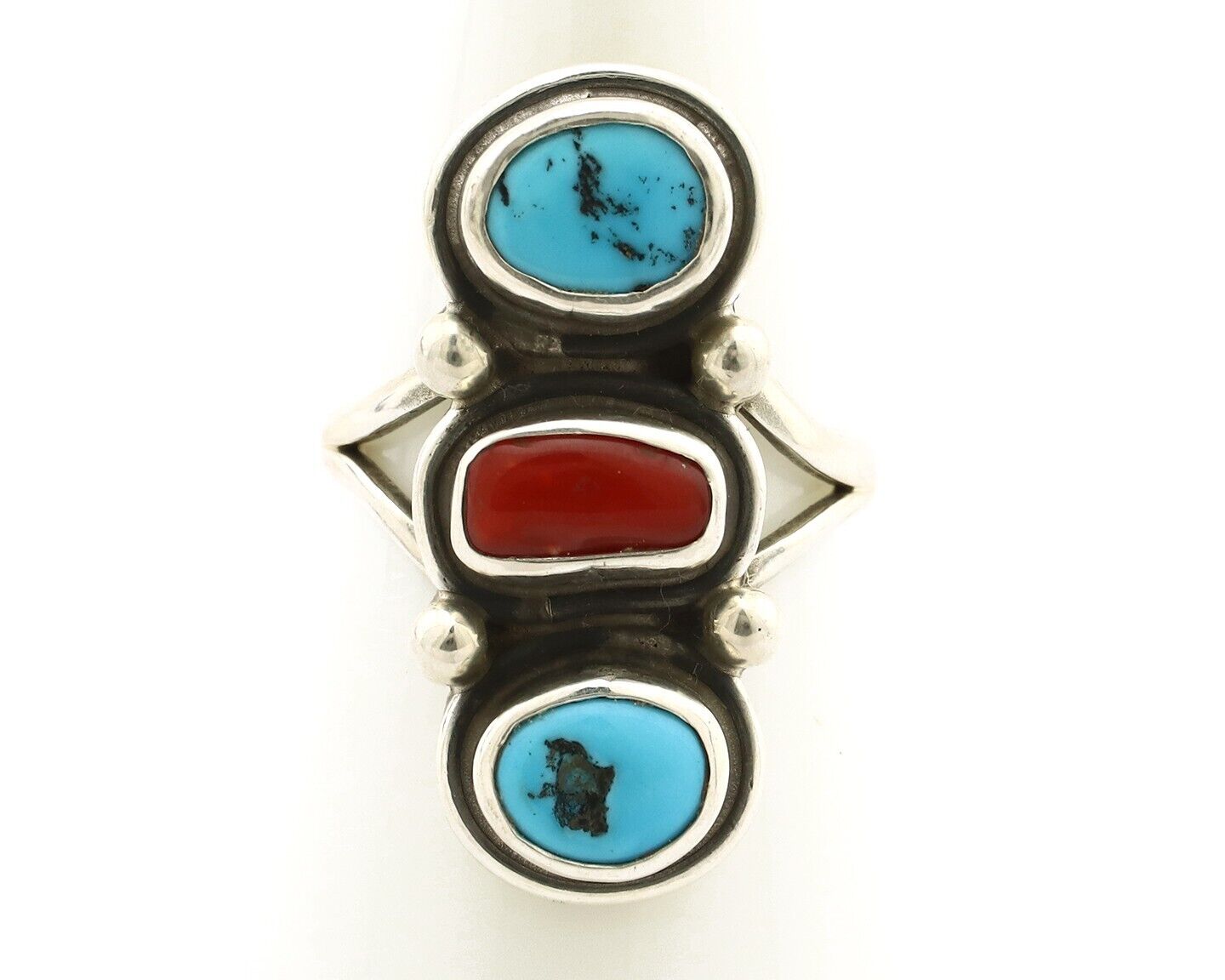 Navajo Ring 925 Silver Sleeping B Turquoise & Coral Native American Artist C.80s