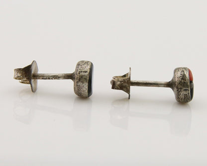 Navajo Earrings 925 Silver Inlaid Natural Onyx & Coral Native Artist C.80's