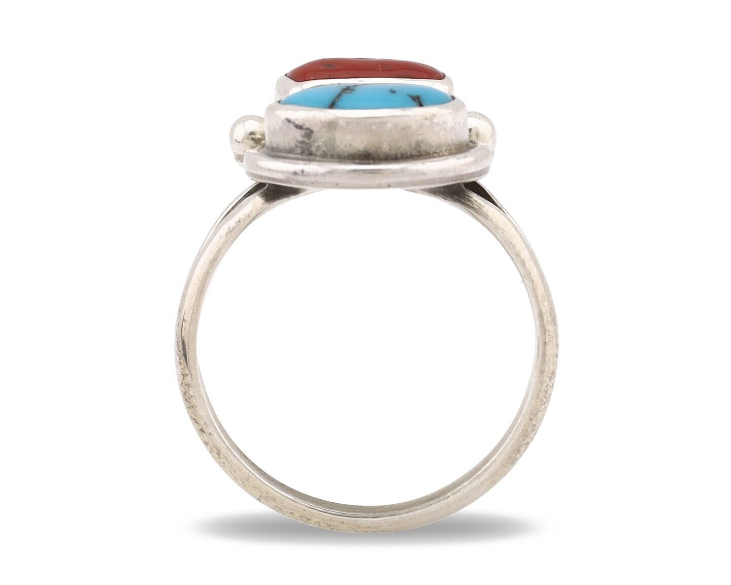 Navajo Ring 925 Silver SB Turquoise & Red Coral Native American Artist C.80s