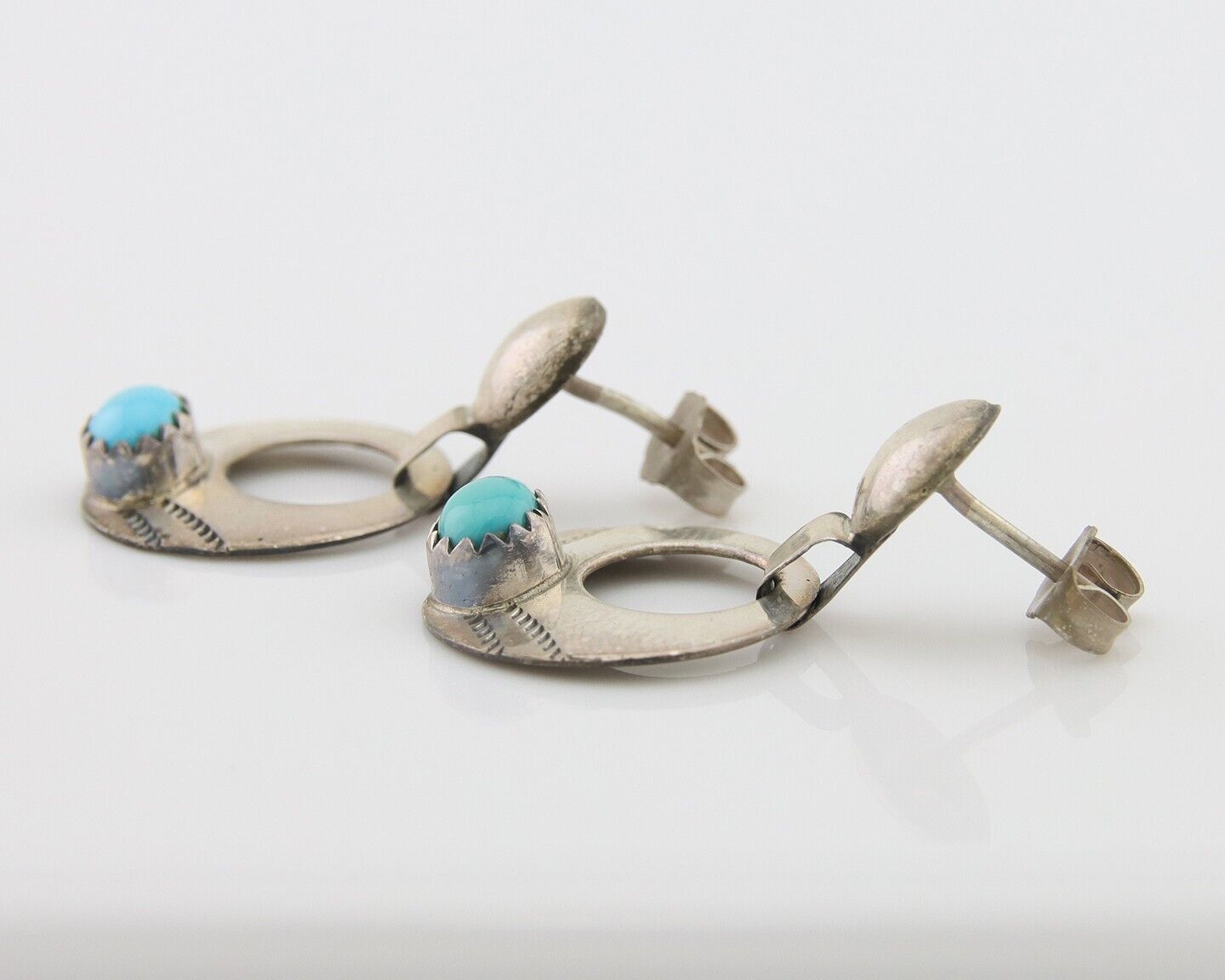Navajo Dangle Earrings 925 Silver Natural Turquoise Artist Signed KF C.80's