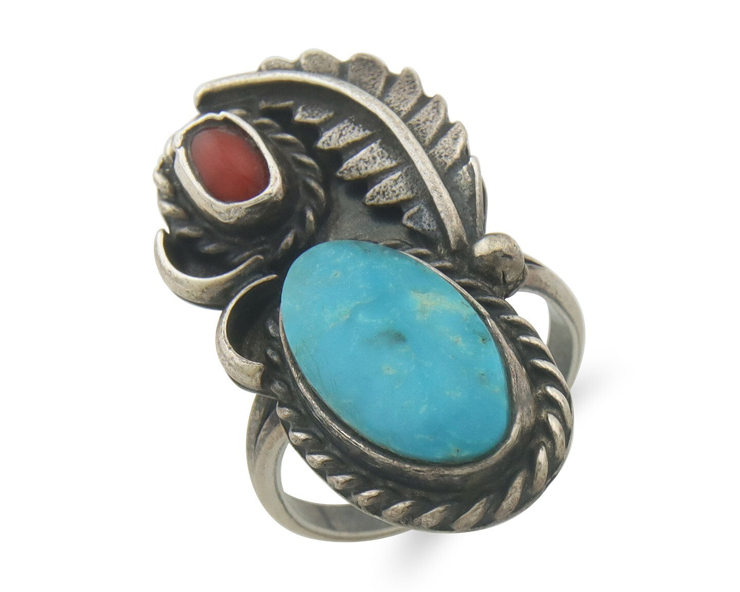 Navajo Ring 925 Sterling Natural Coral & Turquoise Native Artist C.80's Sz 7.25