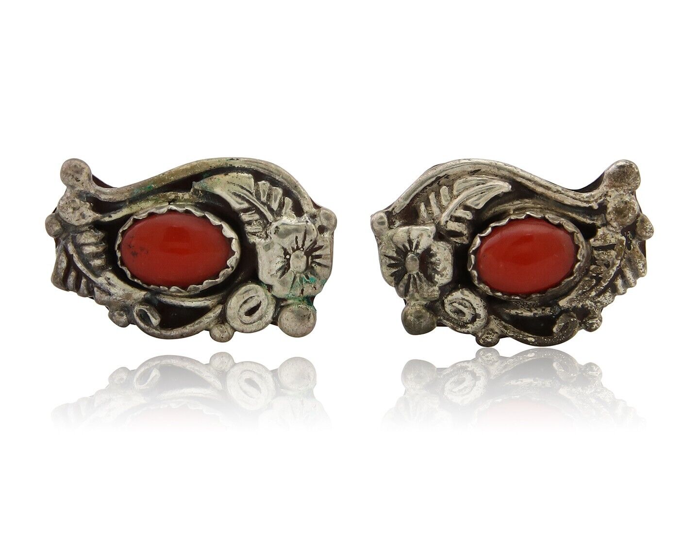 Navajo Earrings 925 Silver Natural Red Coral Artist Signed Begay C.80's