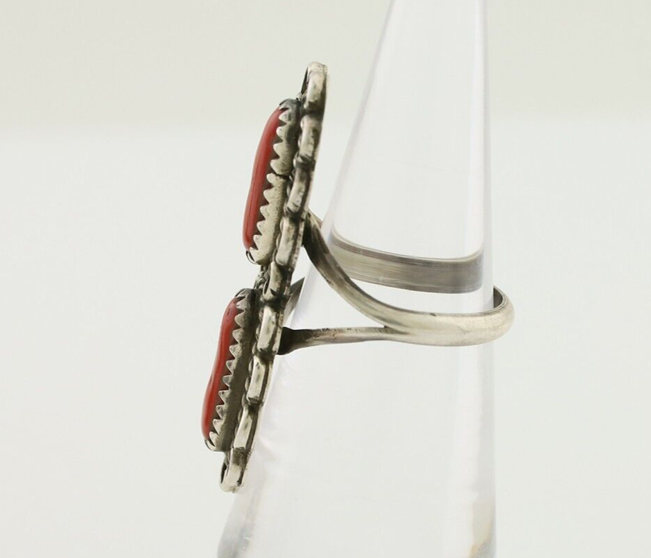 Navajo Ring 925 Silver Mediterranean Coral Native American Artist C.80's