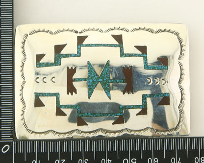 Vintage Navajo Belt Buckle 925 Silver Handmade Inlaid Gemstone Signed HB