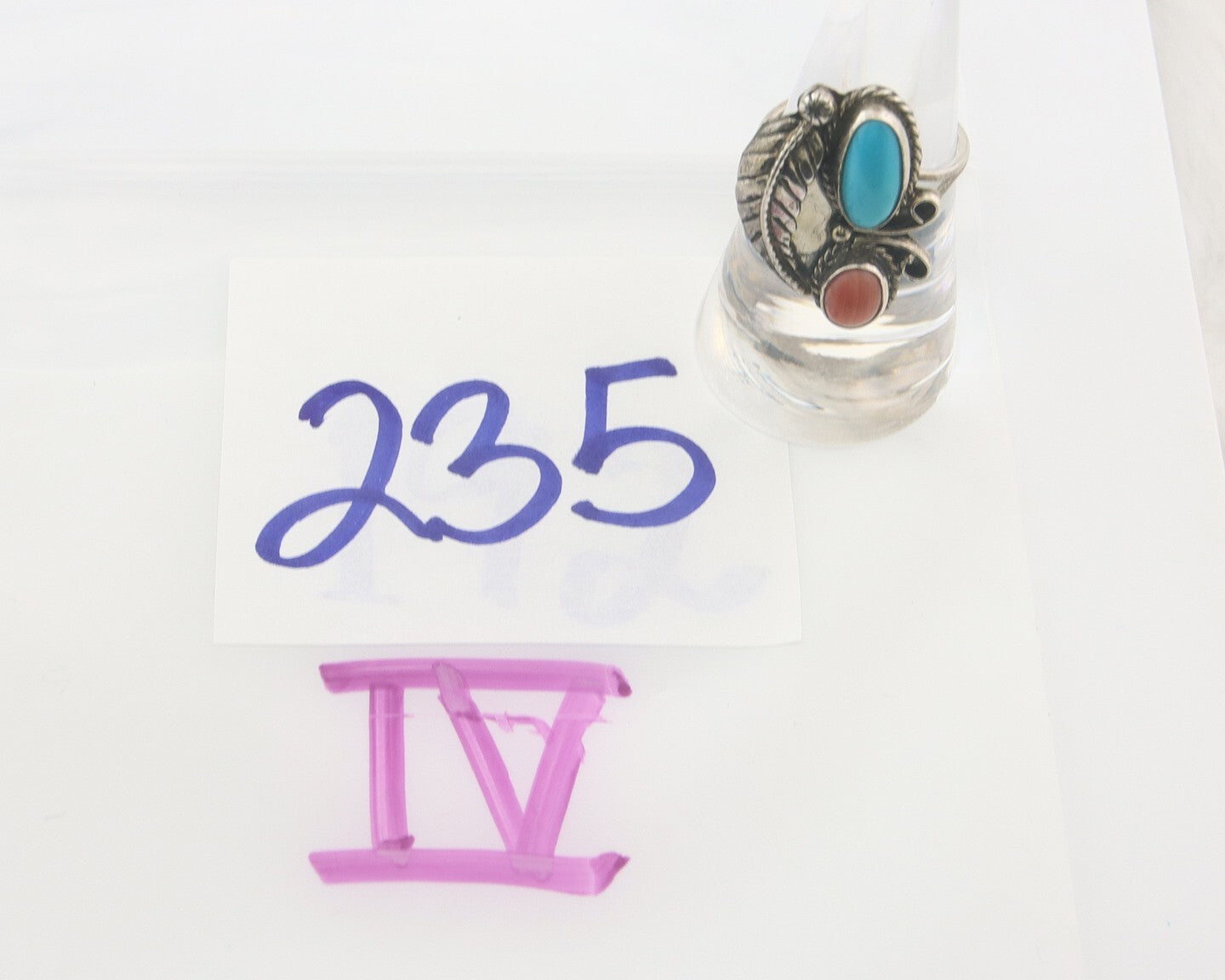 Navajo Ring 925 Sterling Natural Coral & Turquoise Signed EH C.80's Size 7.25