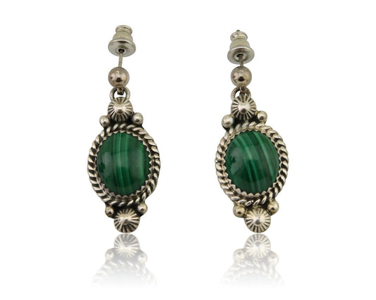 Navajo Dangle Earrings 925 Silver Malachite Native American Artist C.80's