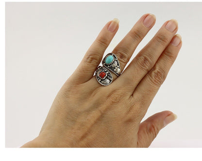Navajo Adjustable Ring 925 Silver Turquiose & Coral Signed Broken Arrow C.80's