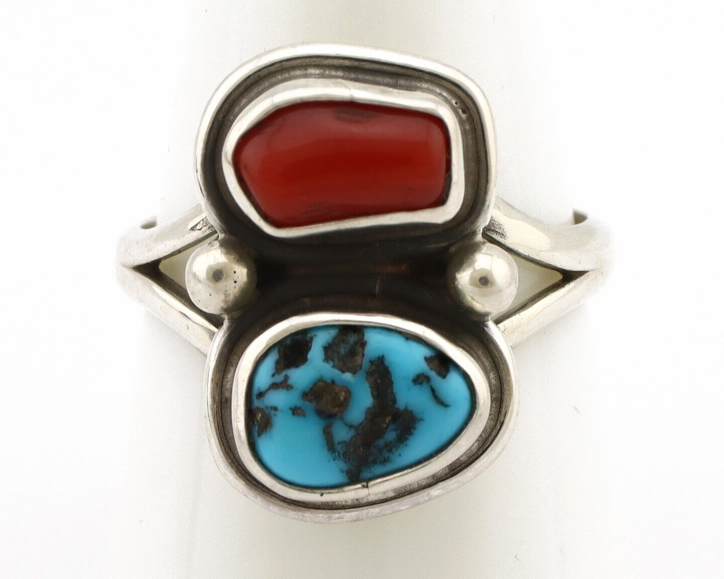 Navajo Ring 925 Silver SB Turquoise & Red Coral Native American Artist C.80s 312