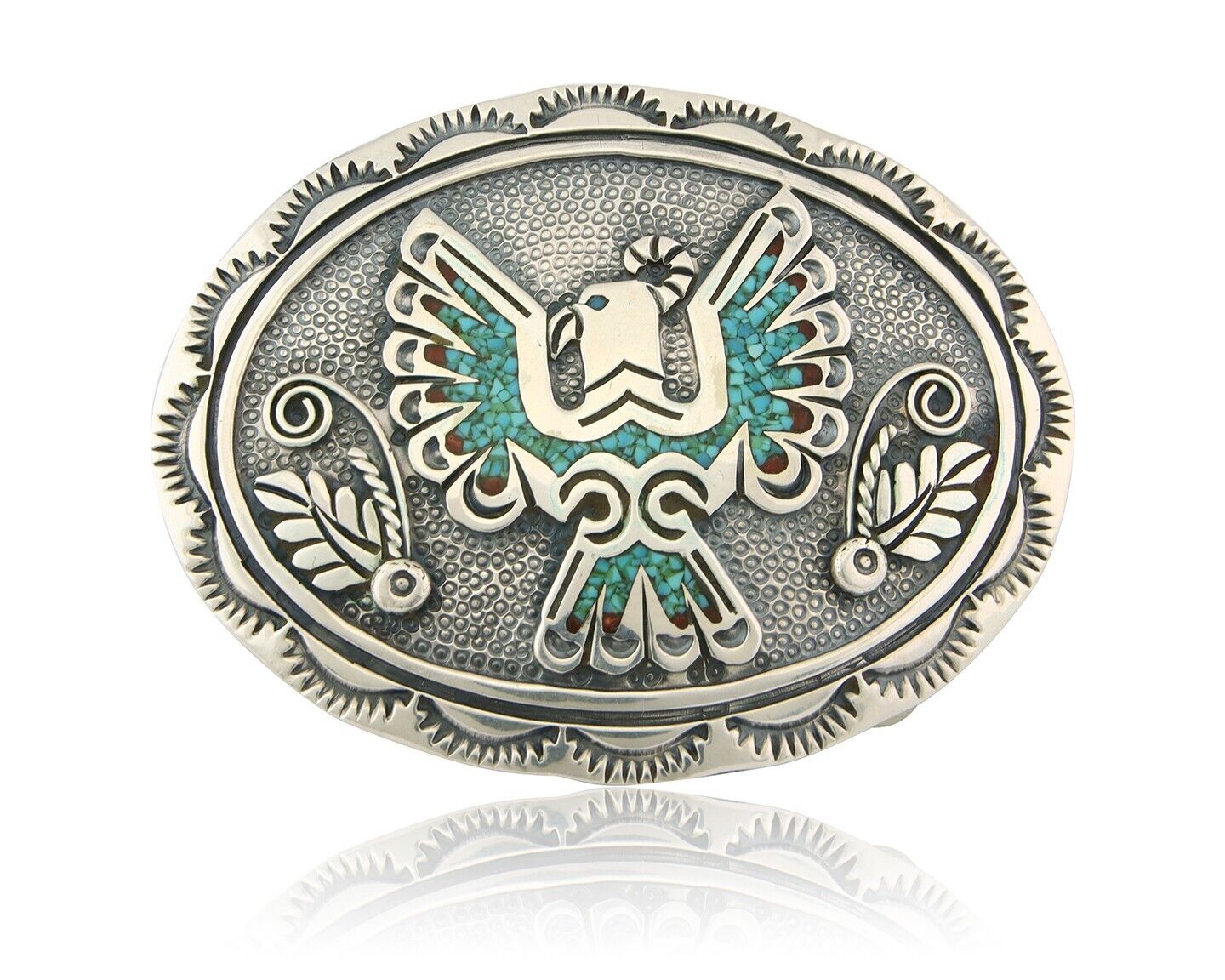 Navajo Belt Buckle 925 Sterling Silver Turquoise Coral Signed Stanley Bains C80s