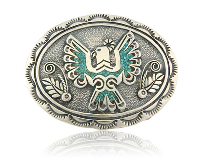 Navajo Belt Buckle 925 Sterling Silver Turquoise Coral Signed Stanley Bains C80s