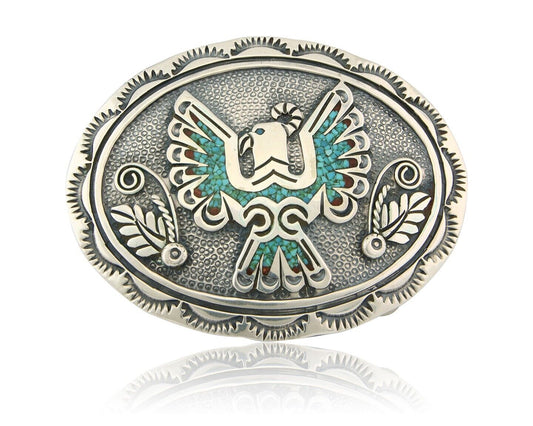 Navajo Belt Buckle 925 Sterling Silver Turquoise Coral Signed Stanley Bains C80s