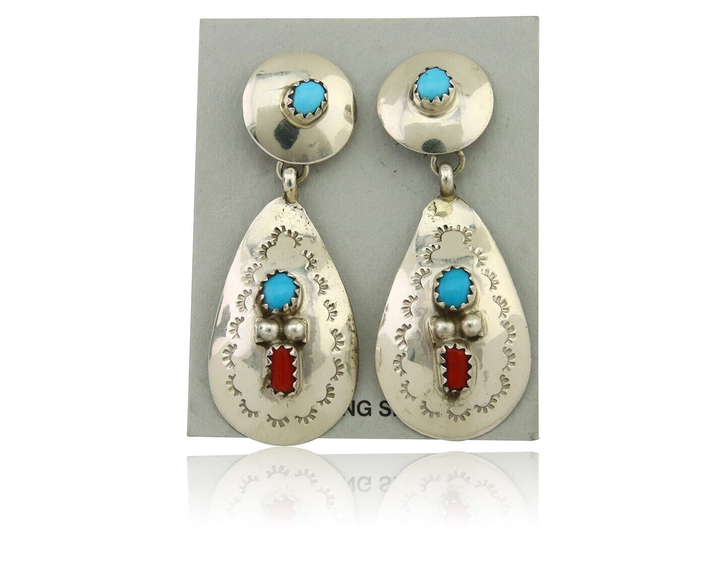 Navajo Earrings 925 Silver Turquoise & Coral Artist Signed Leeann Lee C.80's