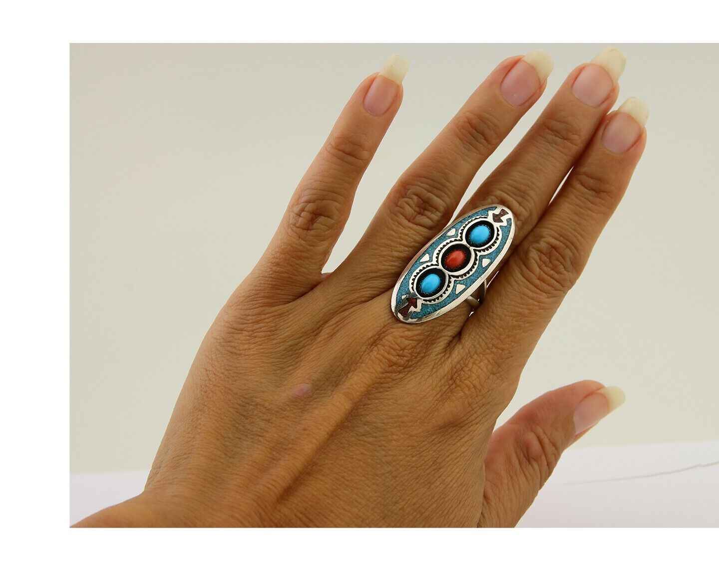 Navajo Handmade Ring 925 Silver Coral & Turquoise Signed Circle JW C.80's