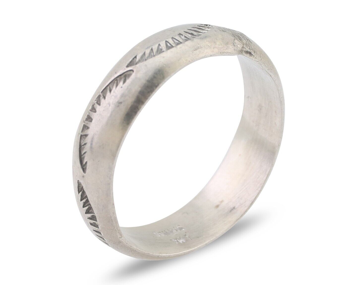 Navajo Hand Stamped Band 925 Silver 6.0 mm Signed Larry Chavez Size 10.25 C.80's