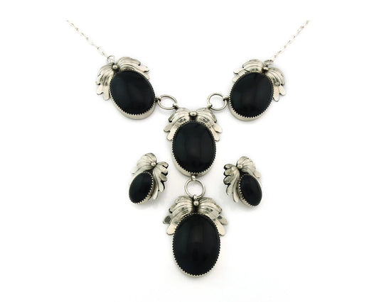 Navajo Necklace Earring Set Sterling Silver Onyx Vintage Signed NS