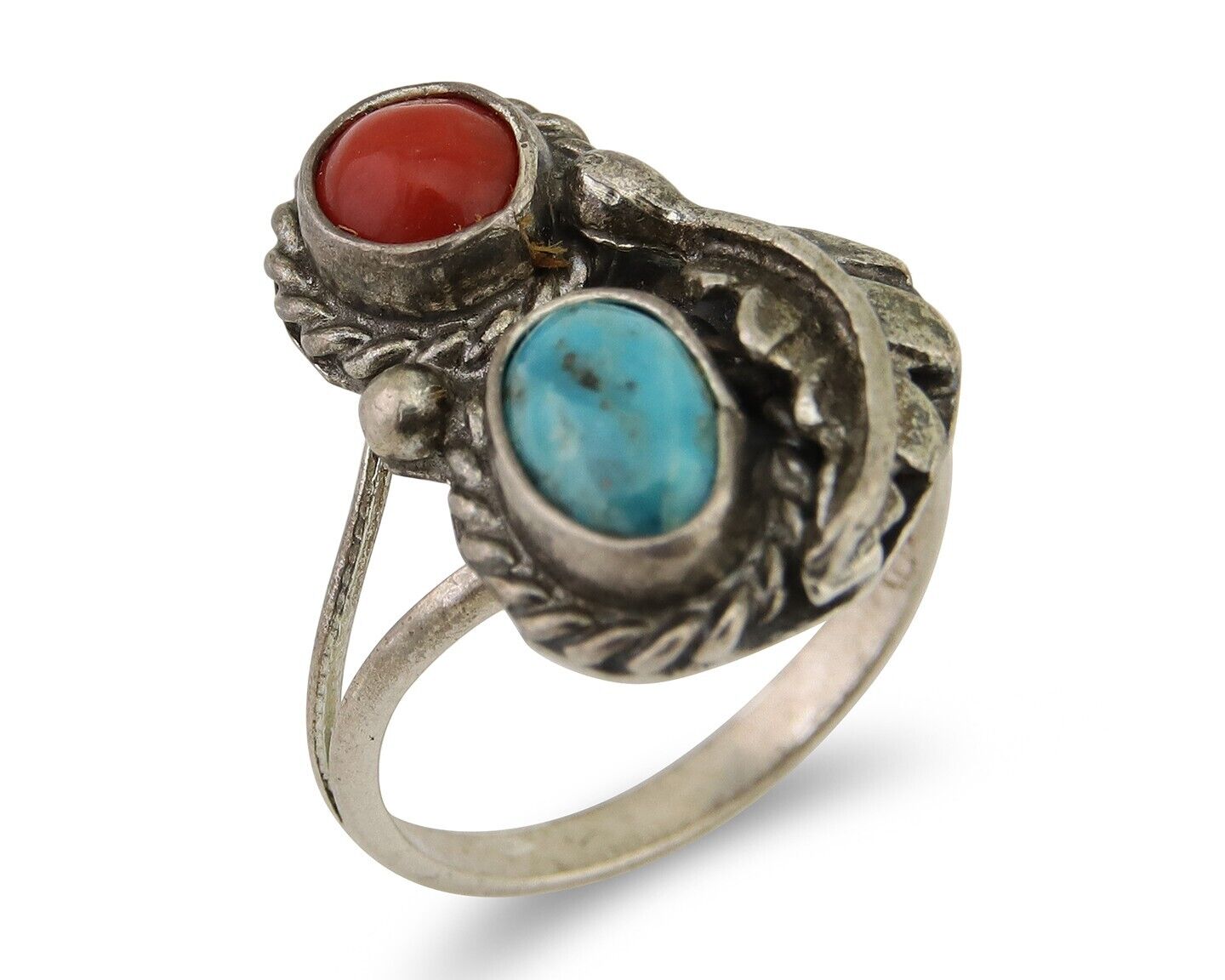 Navajo Handmade Ring 925 Silver Coral & Turquoise Native Artist C.80's